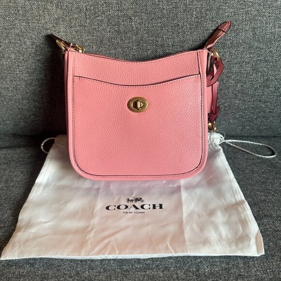 NWT! RARE! Coach Chaise 19 Pink Pebble Leather Crossbody Saddle Bag CC390 - Picture 9 of 10